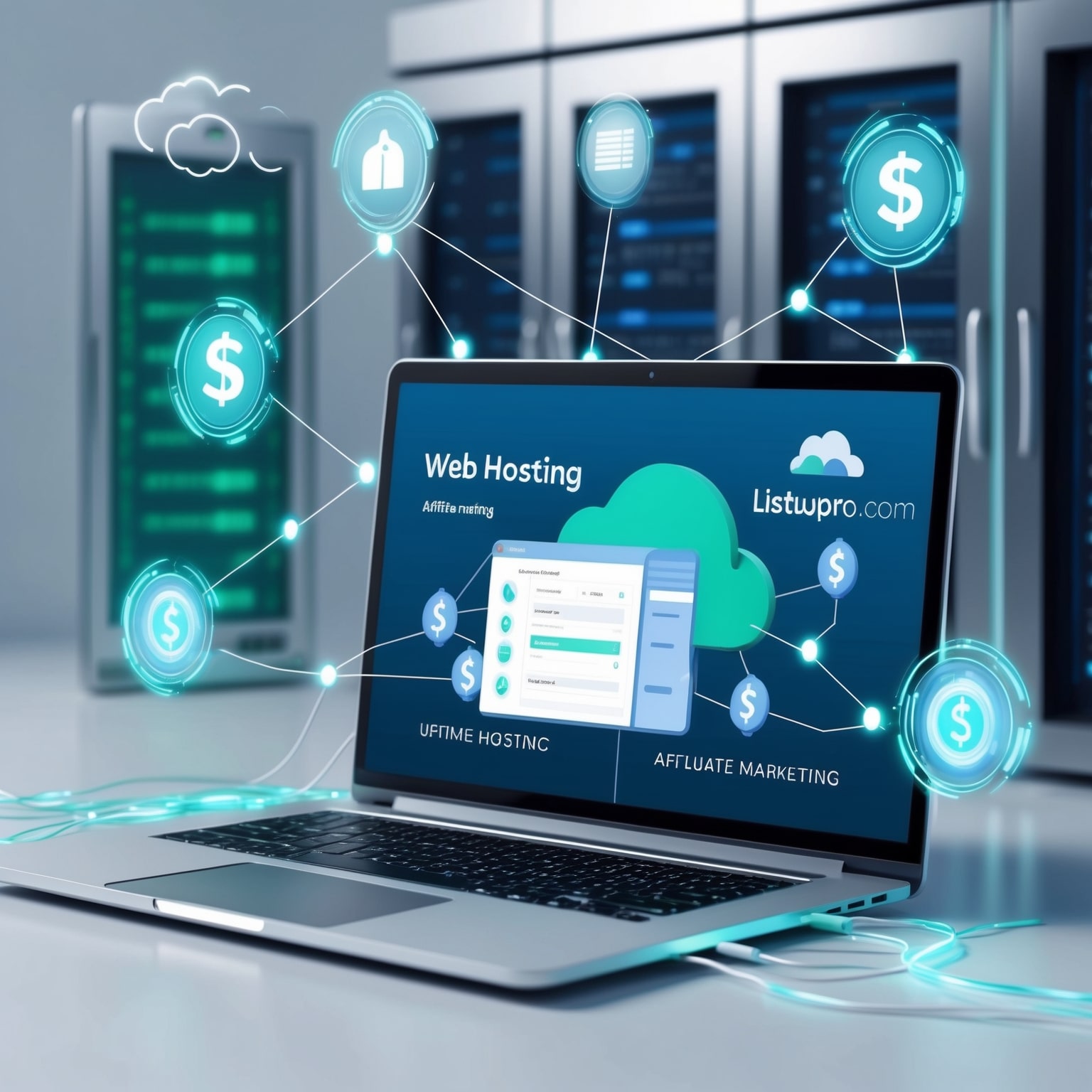 Modern digital workspace with computer monitor showing web hosting dashboard, notebook labeled Web Hosting Guide, and abstract server and cloud icons &mdash; Listuppro.com.