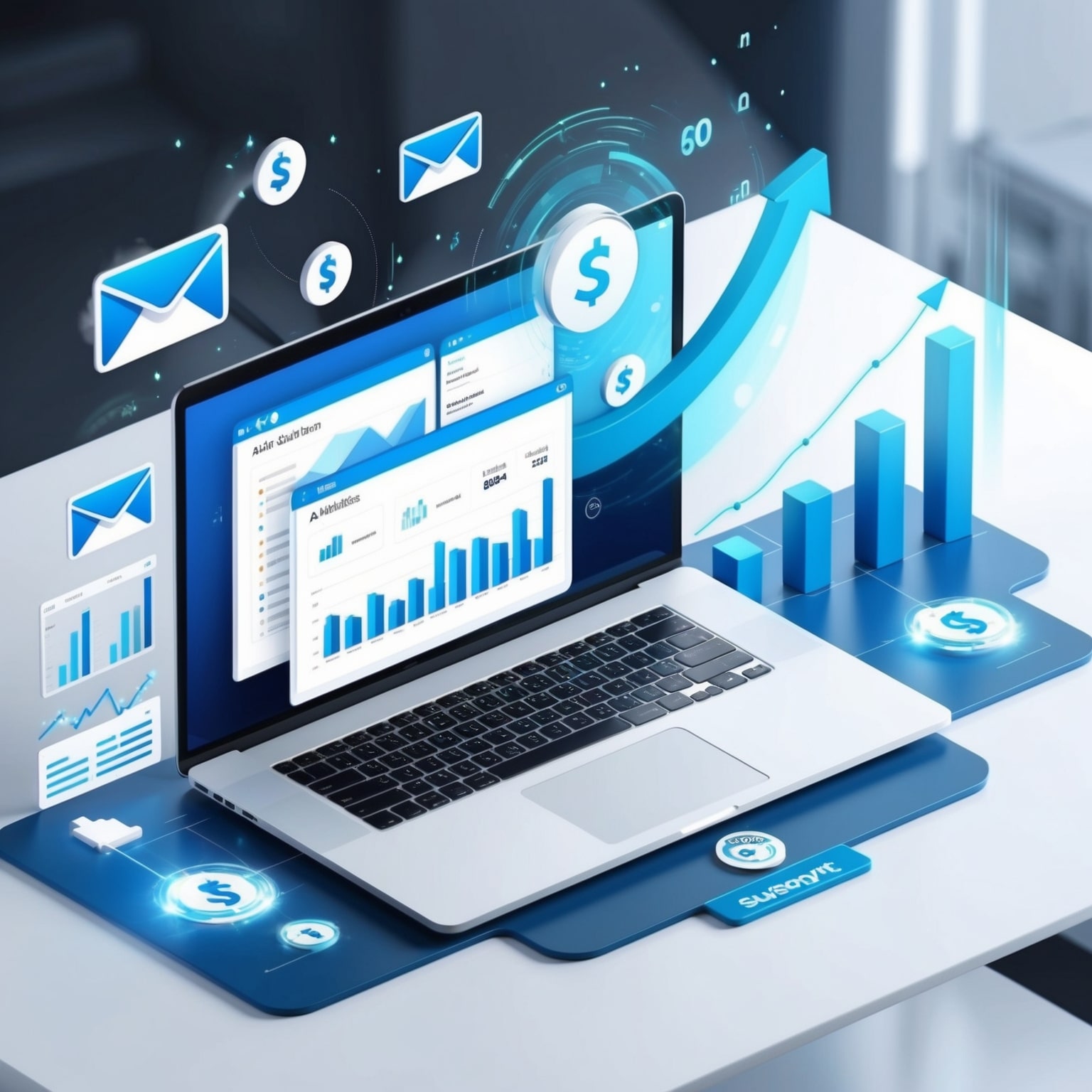 Professional reading a personalized email on laptop with trust and loyalty icons, representing building strong customer relationships through email marketing &mdash; Listuppro.com