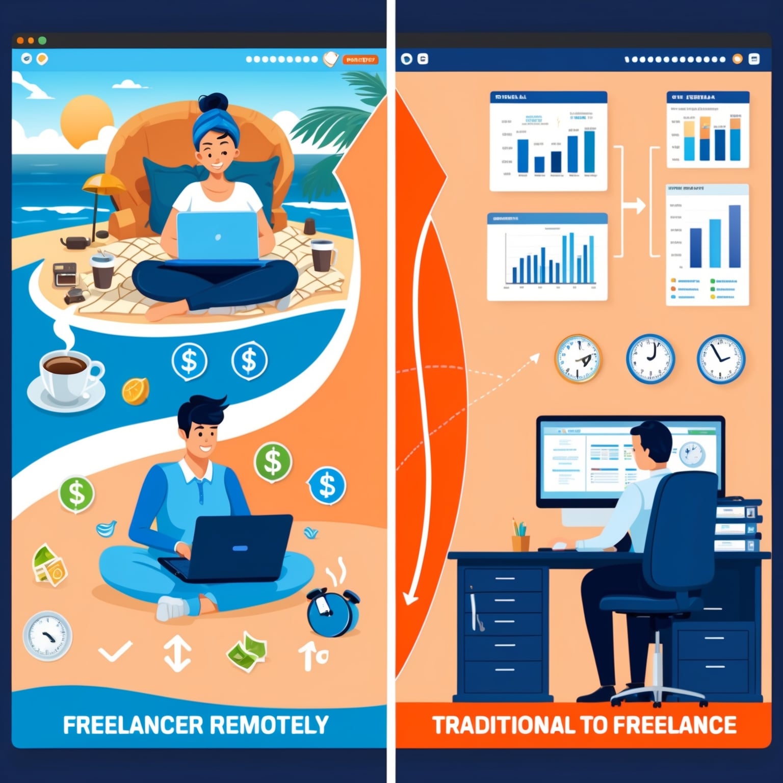 Split-screen illustration showing freelancer working from home with laptop and coffee versus professional in office with desktop computer, representing freelancing vs traditional employment on Listuppro.com.&rdquo;