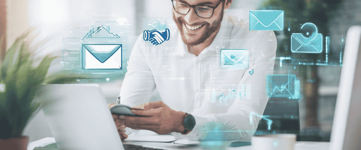 Professional reading a personalized email on laptop with trust and loyalty icons, representing building strong customer relationships through email marketing &mdash; Listuppro.com