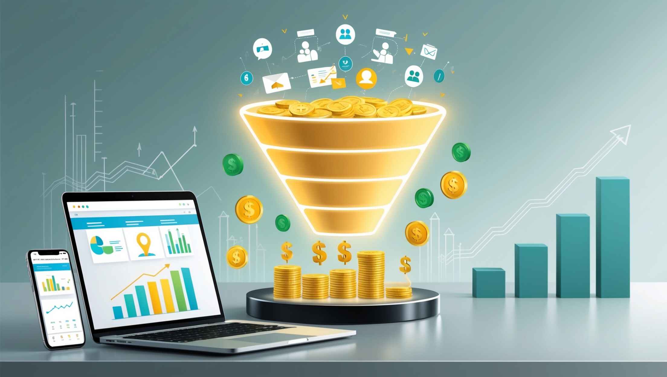 Digital sales funnel illustration with icons of people, emails, and ads entering at the top, and coins, dollar signs, and growth charts emerging at the bottom &mdash; representing increased profits on Listuppro.com