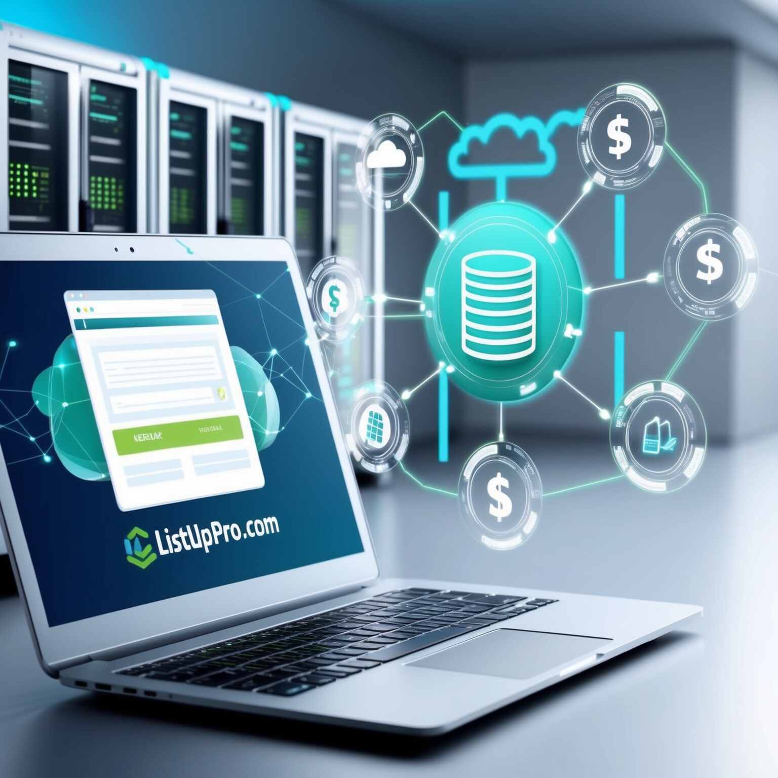 Modern digital workspace with computer monitor showing web hosting dashboard, notebook labeled Web Hosting Guide, and abstract server and cloud icons &mdash; Listuppro.com