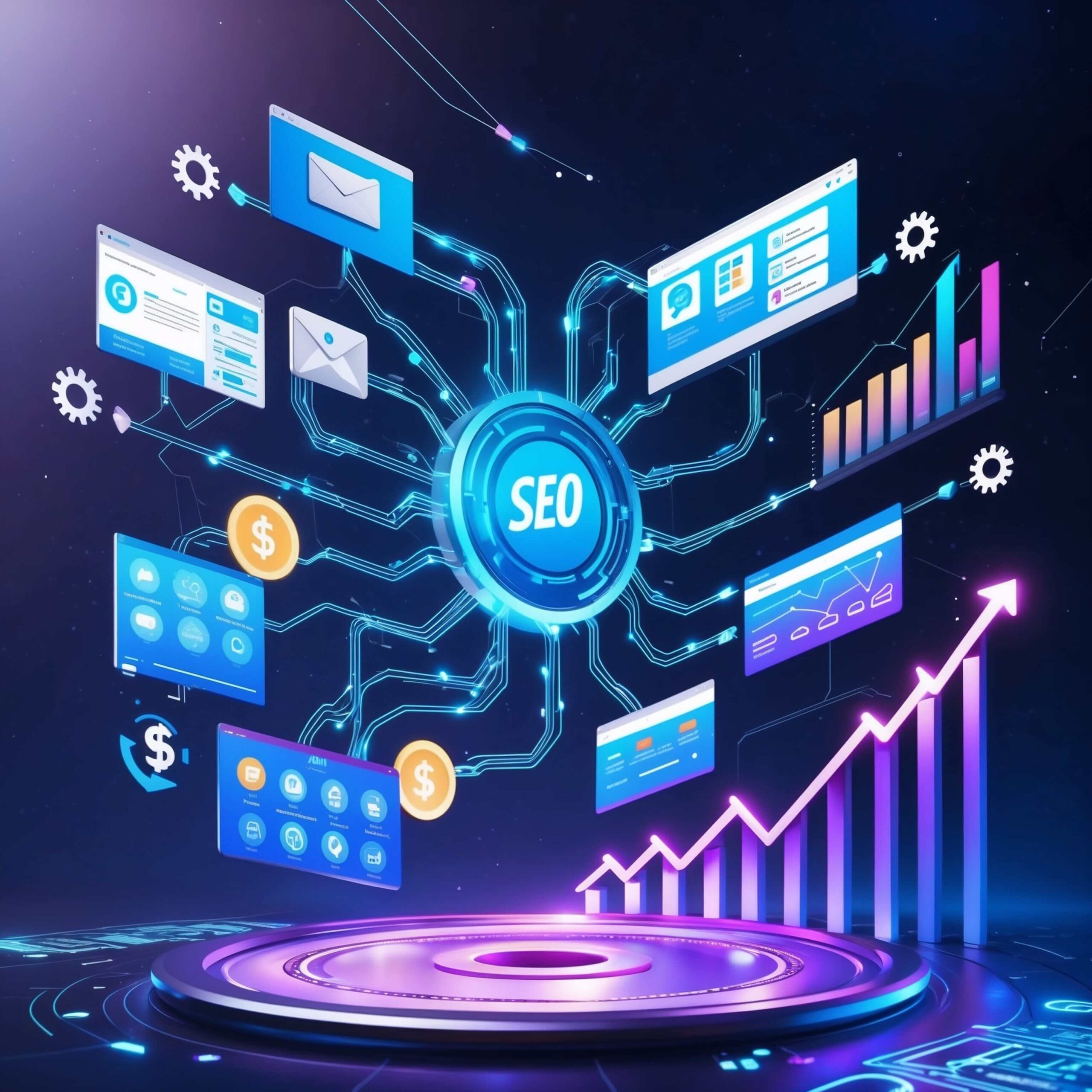 Modern workspace with computer monitor displaying all-in-one marketing software dashboard for email, social media, SEO, and sales funnels &mdash; Listuppro.com