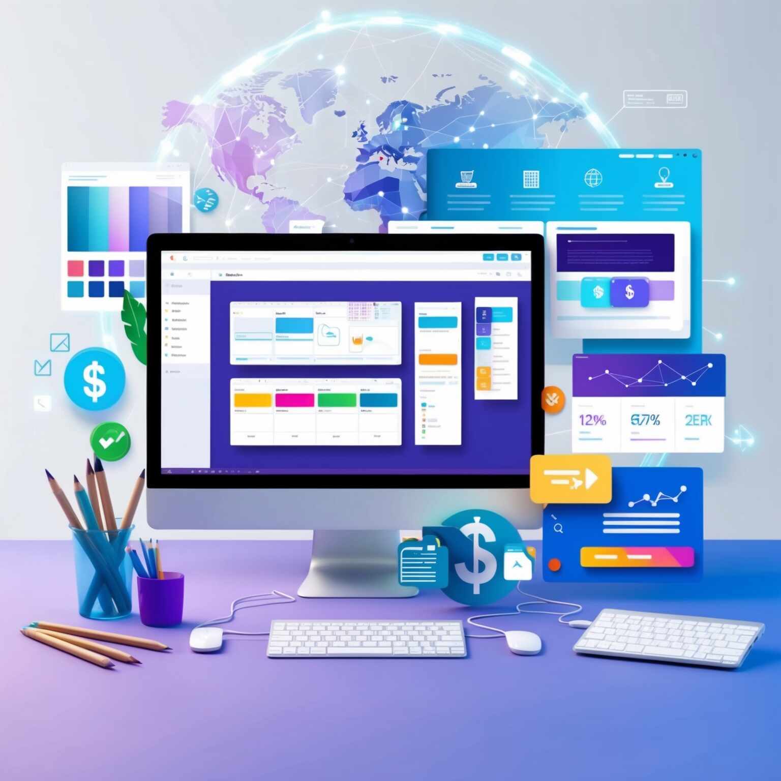 Modern workspace with computer screen displaying website builder software interface, drag-and-drop design tools, and layout templates &mdash; representing the role of website builders in modern web design on Listuppro.com.&rdquo;