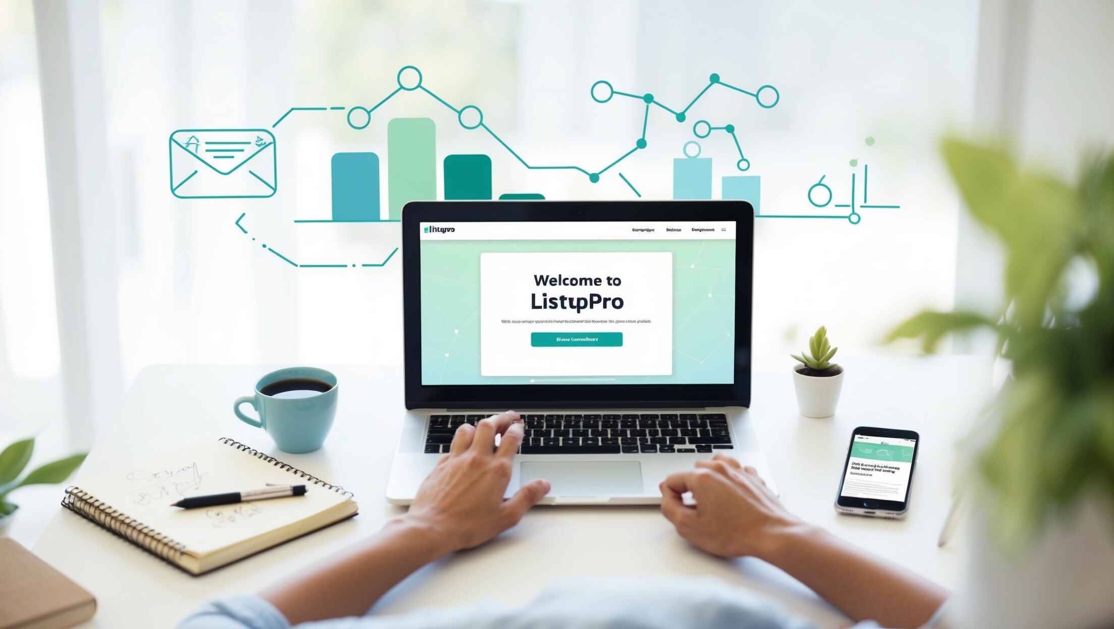 Bright modern workspace with laptop displaying &lsquo;Welcome to Listuppro&rsquo; page, coffee cup, notebook, and smartphone showing email newsletter preview &mdash; representing productivity and business growth