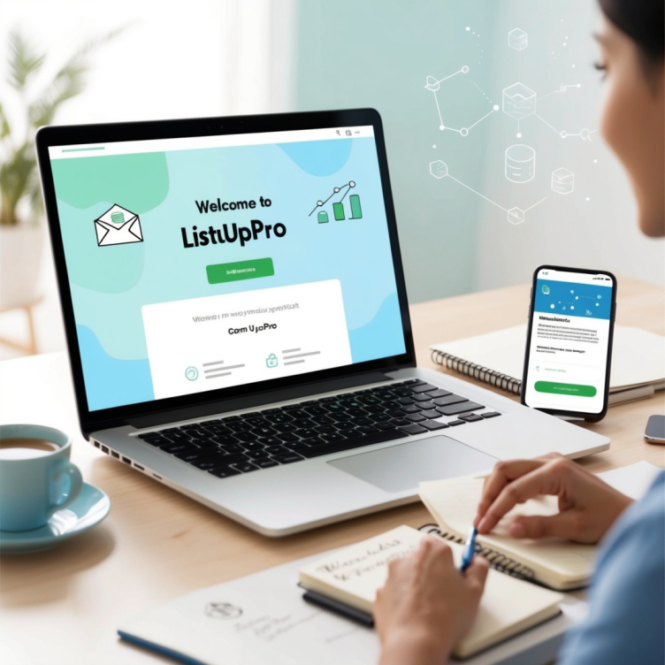 Bright modern workspace with laptop displaying &lsquo;Welcome to Listuppro&rsquo; page, coffee cup, notebook, and smartphone showing email newsletter preview &mdash; representing productivity and business growth